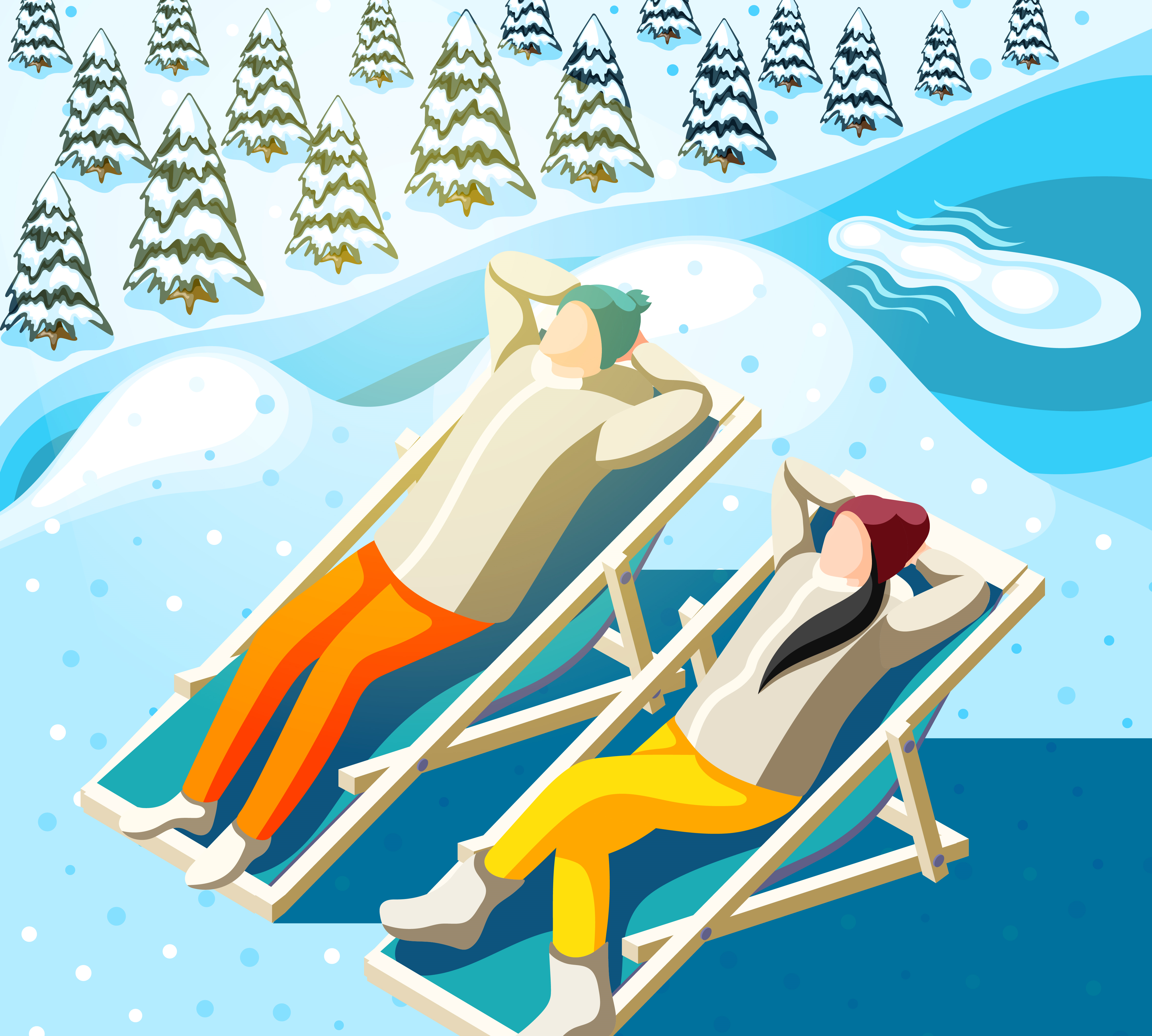 cartoon drawing of 2 people laying down in a hammock in a snow area
