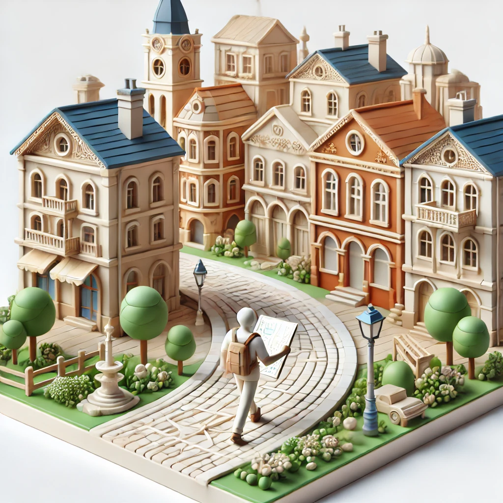 een persoon met een map die door te stad stapt